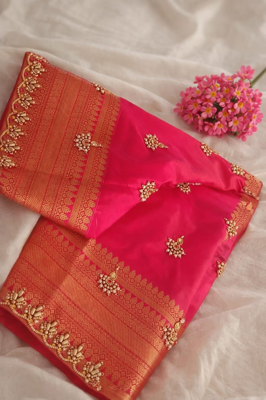 Deep ruby pink handcrafted bridal blouse. - Mizhiboutique