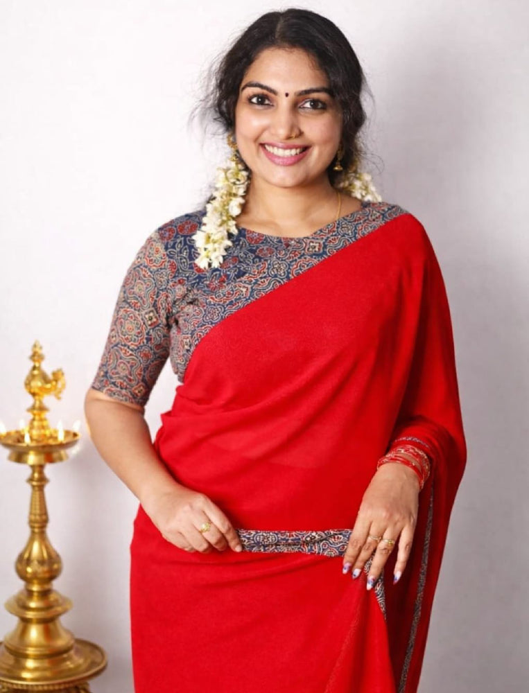 Ready-to-Wear Georgette Saree with Ajrakh Borders - Mizhiboutique