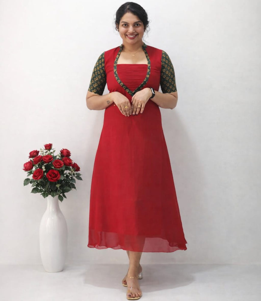 Georgette A-Line Kurti with Ajrakh Sleeves - Mizhiboutique