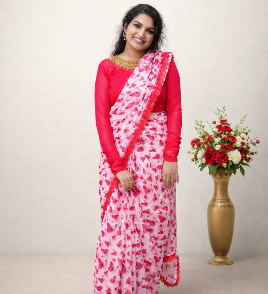 Ready-to-Wear Georgette Saree with Floral Prints - Mizhiboutique