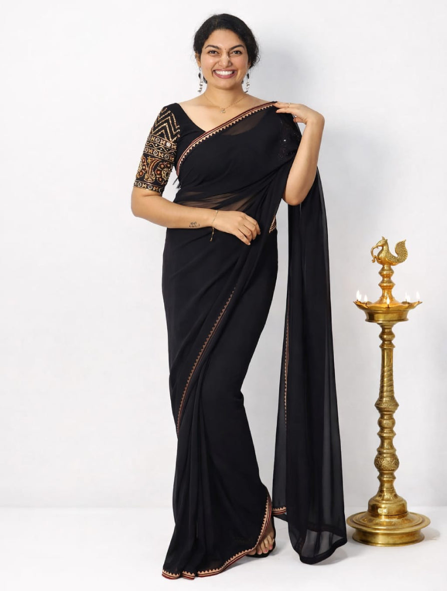 Ajrakh patched saree with blouse piece