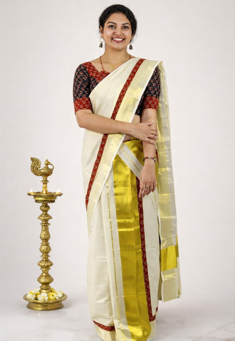 MIZHI ready-to-wear set mundu with matching blouse piece, traditional South Indian clothing for festive or everyday wear