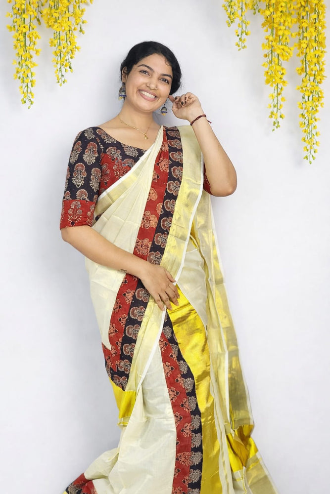 Ready to wear set mund with Ajrakh blouse piece