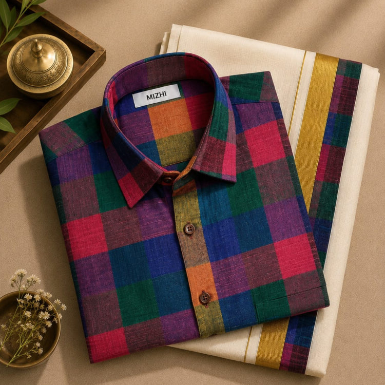 Multicolour checked cotton shirt with patched mundu from MIZHI, featuring a vibrant pattern and traditional design.