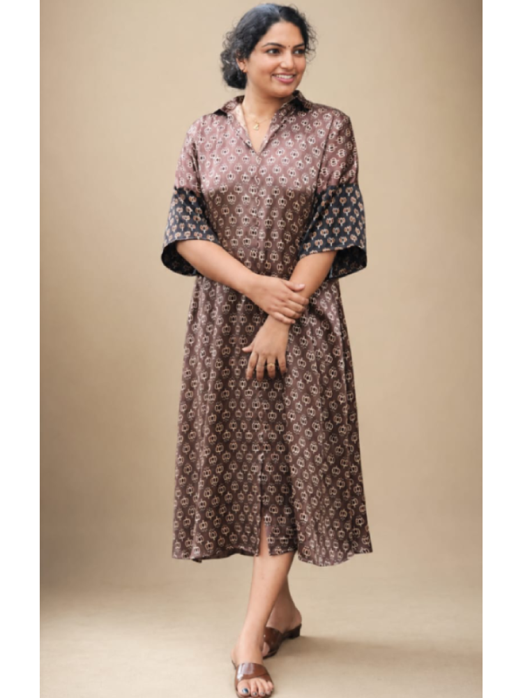 Brown Ajrakh shirt collar kurti by MIZHI featuring traditional print and relaxed fit, perfect for casual and ethnic wear.