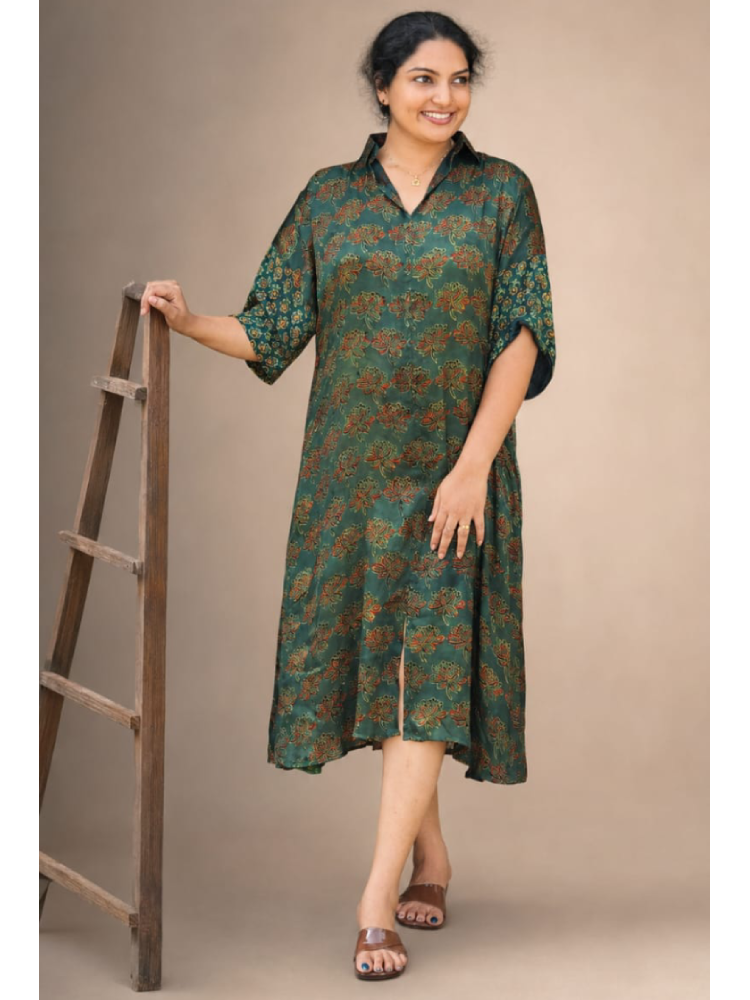 Green Ajrakh shirt collar kurti by MIZHI with intricate traditional print and a relaxed fit, shown on a hanger.