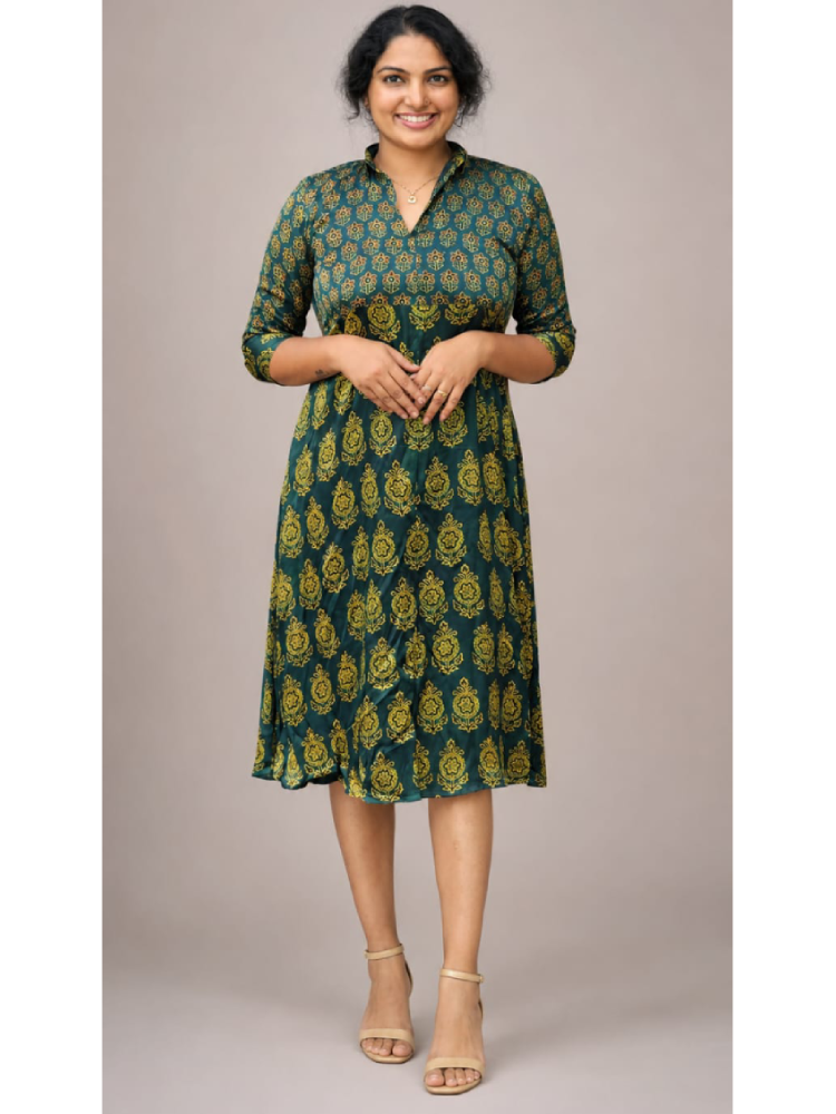 Green Ajrakh shirt collar kurti by MIZHI with intricate traditional print, displayed on a plain background.