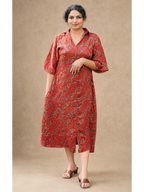 MIZHI Ajrakh shirt collar kurti with traditional geometric print, featuring a relaxed fit and vibrant colors.