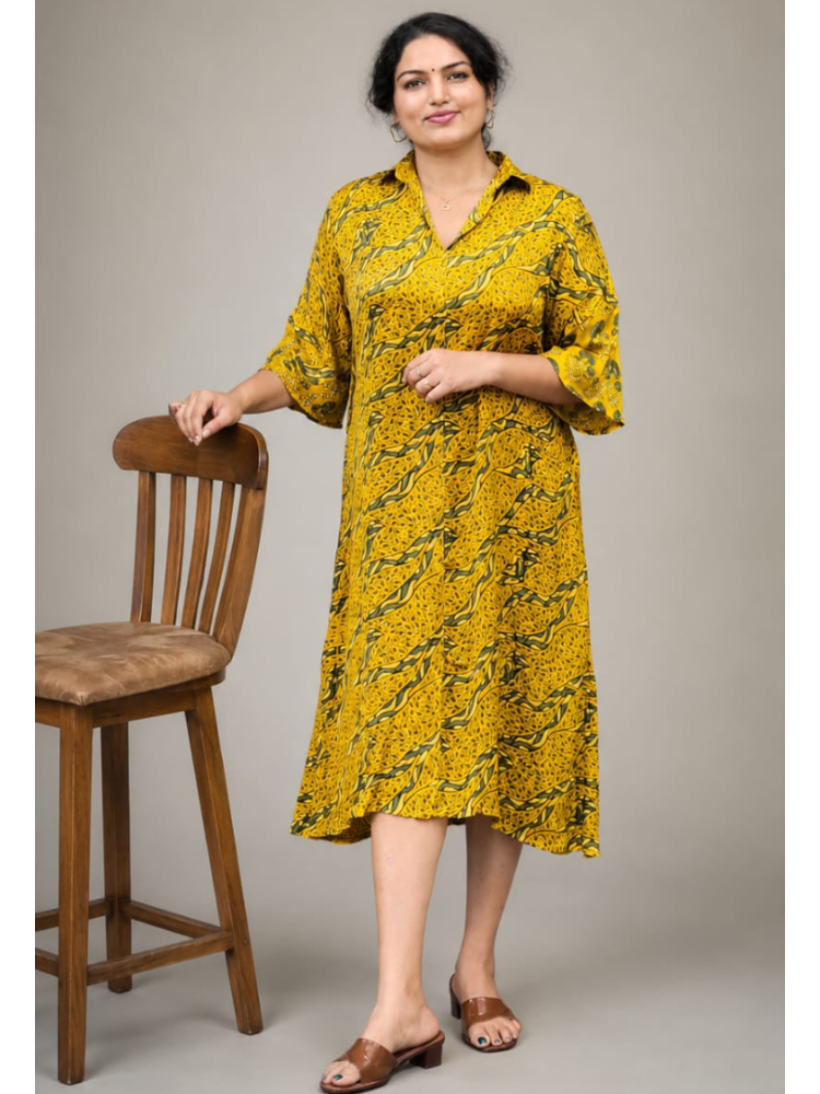 Yellow Ajrakh shirt collar kurti by MIZHI featuring traditional block print and relaxed fit, perfect for casual or festive wear.