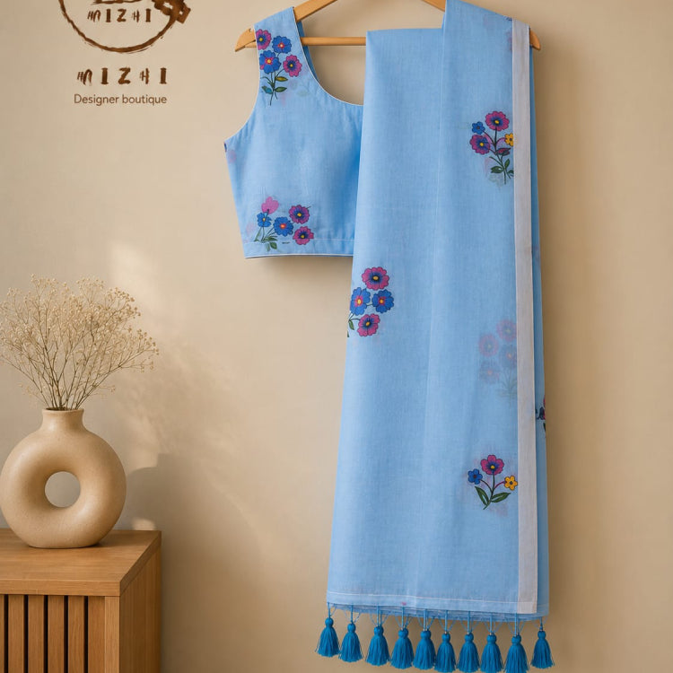 Sky blue Floral Mul Cotton Saree