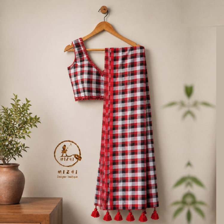 Red and black gingham checked Mul Cotton saree by MIZHI with small check pattern, showcasing lightweight, breathable fabric.