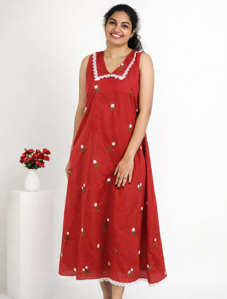 Red Mul Chanderi frock with intricate embroidery and colorful pattern by MIZHI, showcasing the detailed fabric and design.