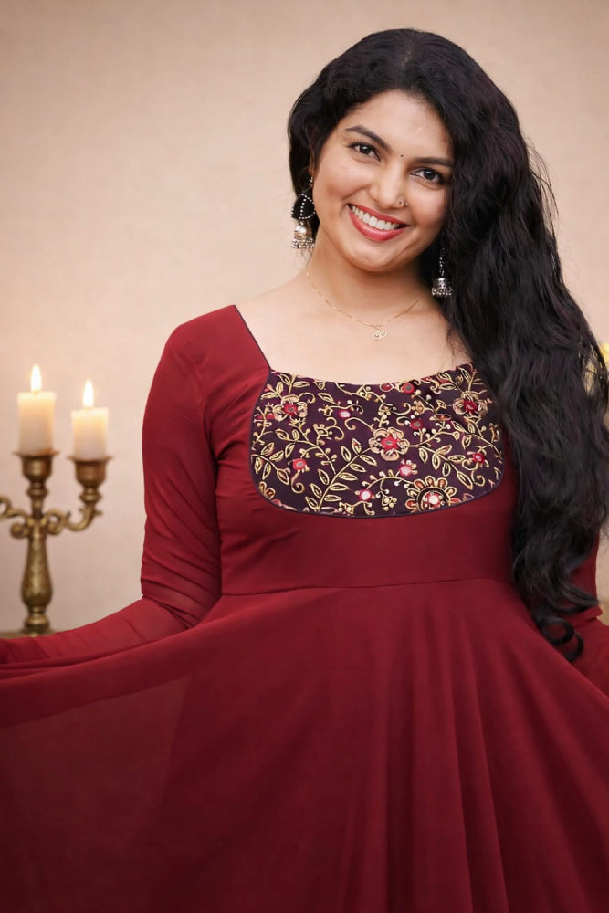 Umbrella-Flared Georgette Kurti with Handwork - Mizhiboutique