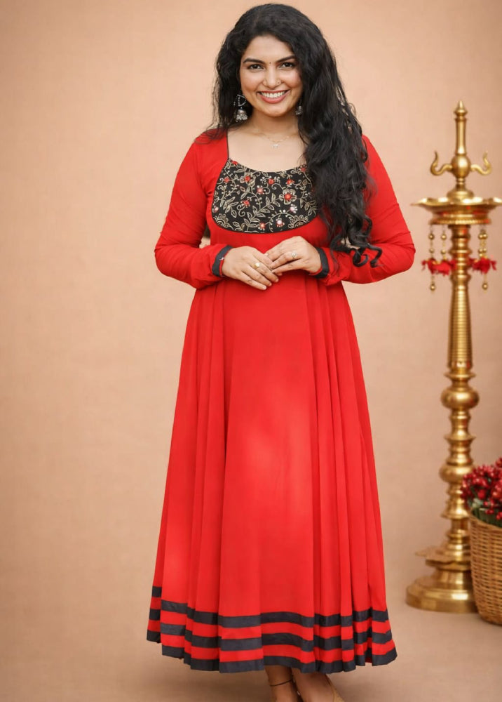 Umbrella-Flared Georgette Kurti with Handwork - Mizhiboutique