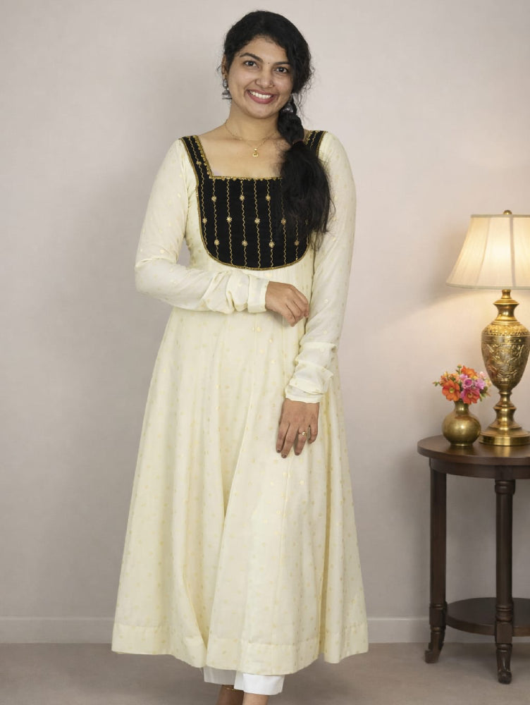 Velvet Hand-Worked Semi-Silk Paneled Anarkali - Mizhiboutique
