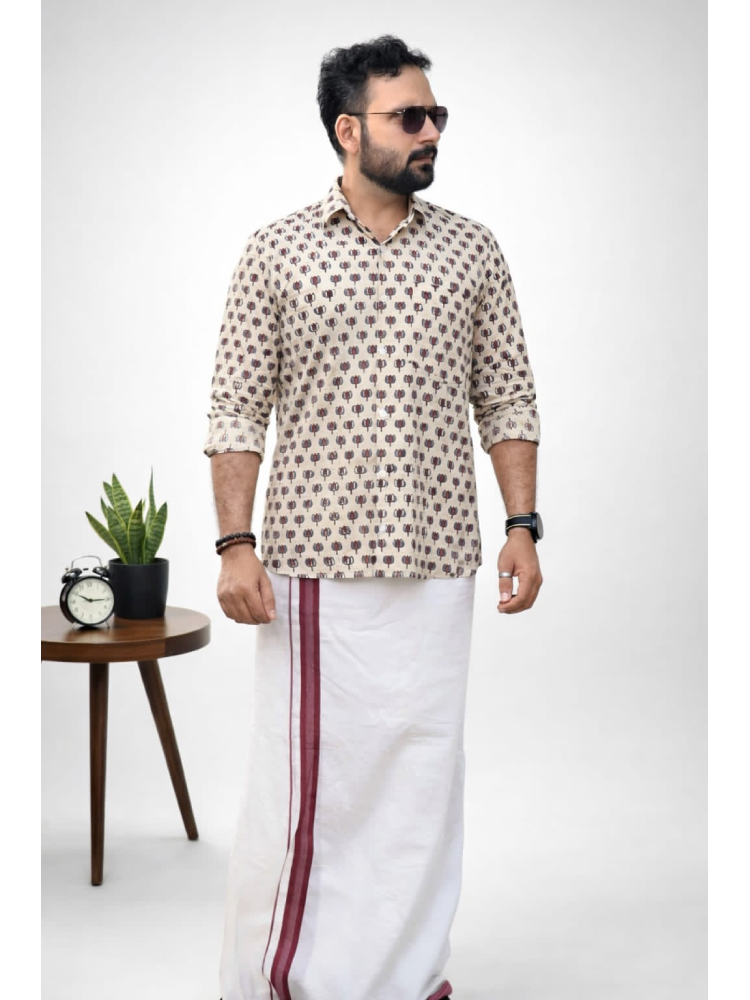 White Ajrakh shirt with lotus print by MIZHI, displayed on a mannequin, showcasing traditional Indian textile design.