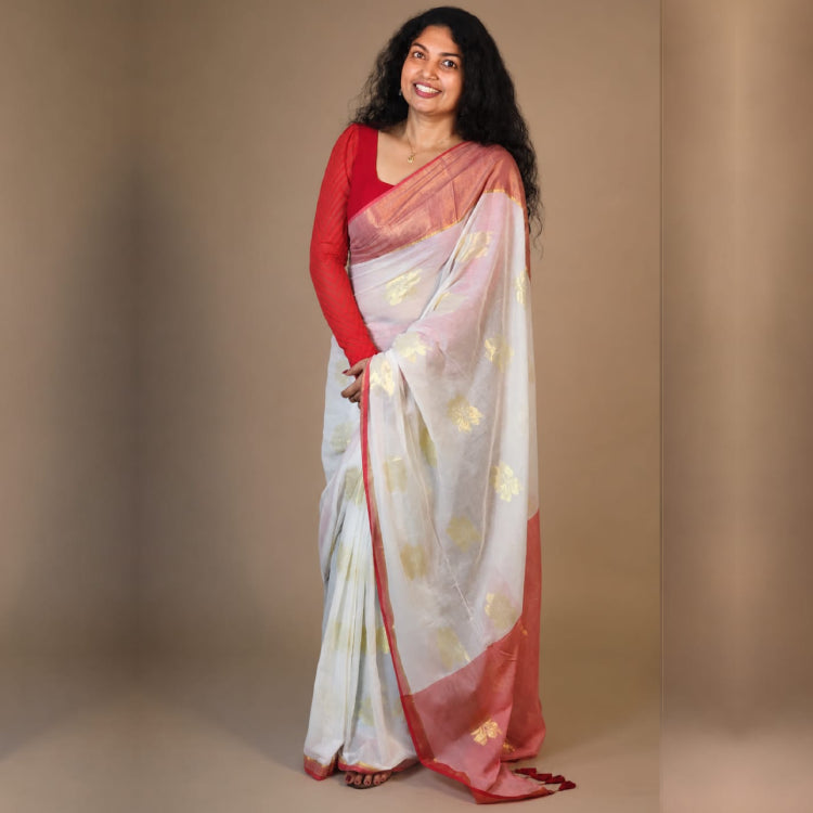 Off-White & Red Tissue Linen/Chanderi Saree
