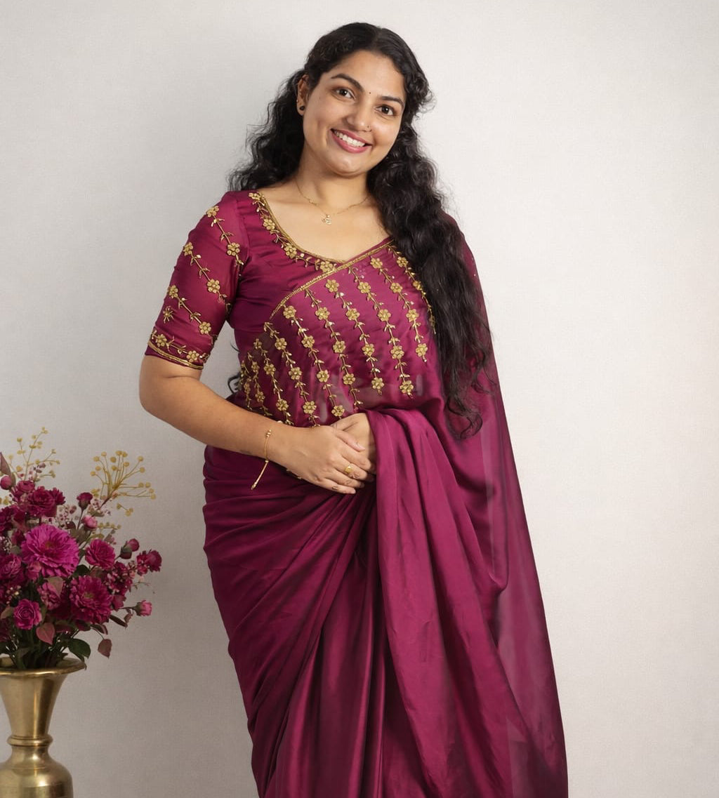 Ready to wear saree in wine colour
