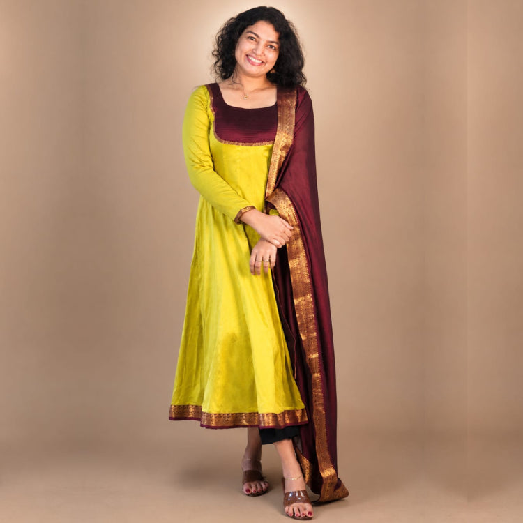 Lime Yellow & Deep Maroon Anarkali Salwar Set