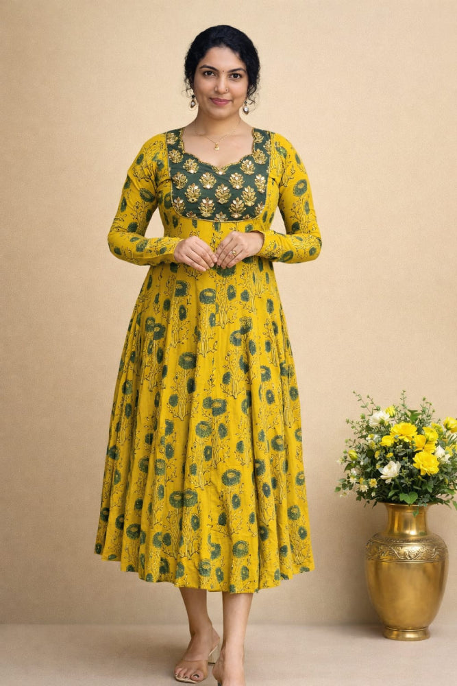 Panelled Ajrakh anarkali - Mizhiboutique