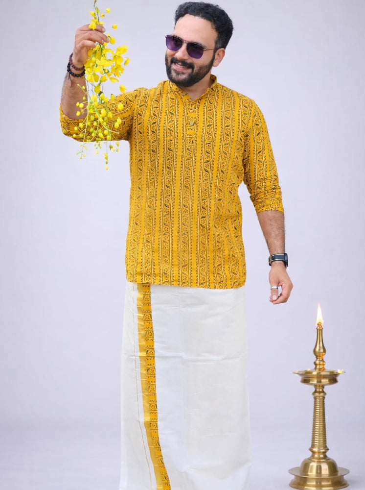 Yellow Vishu special mundu and kurta set by MIZHI, featuring traditional Indian attire with vibrant colors and intricate details.